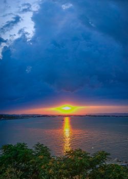 Nessebar, Bulgaria – 07.09.2019. Sunset over the Sunny Beach resort in Bulgaria. Panoramic view from the side of the island of Nessebar