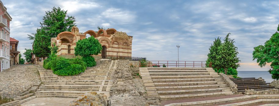 Nessebar, Bulgaria – 07.10.2019.  Ruins of Ancient theatre in the old town of Nessebar, Bulgaria, on a cloudy summer morning