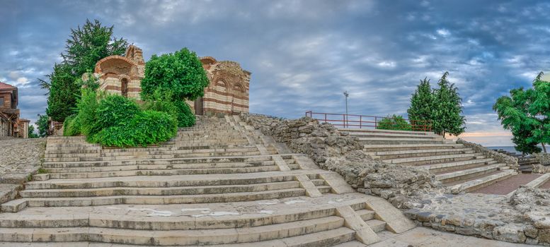 Nessebar, Bulgaria – 07.10.2019.  Ruins of Ancient theatre in the old town of Nessebar, Bulgaria, on a cloudy summer morning