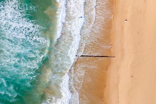 Aerial view of beach in early morning light, a surfer enters the water