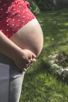 Pregnant woman shows his belly. In the nature. Green meadow