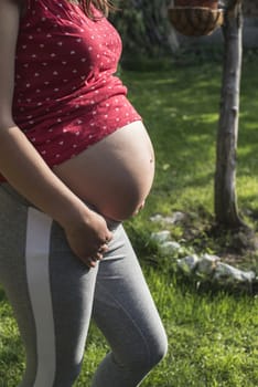 Pregnant woman shows his belly. In the nature. Green meadow