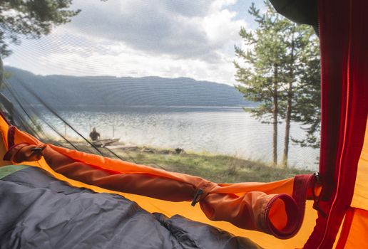 View from inside the tent. View out of the woods