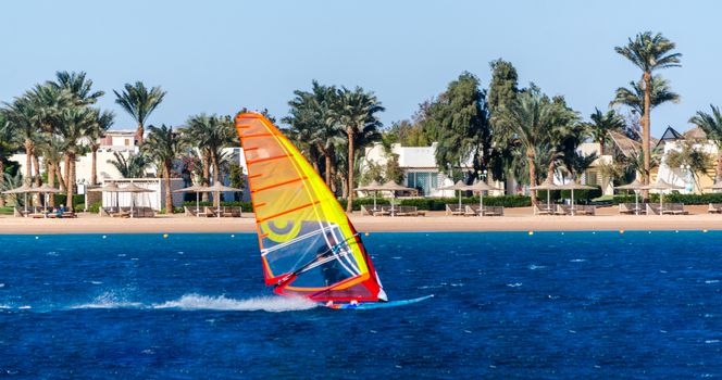 windsurfing in the blue water on the background of the beach with umbrellas and palm trees