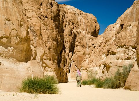 bedouin in white goes in the canyon in the desert among the rocks