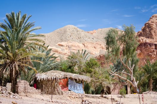 Bedouin village in an oasis in the desert among the mountains in Egypt Dahab