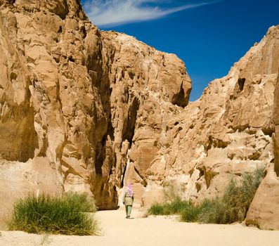 bedouin in white goes in the canyon in the desert among the rocks