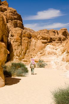 Bedouin walks among the rocks in a desert canyon in Egypt Dahab