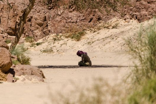Bedouin prays sitting on the sand in the shade of a tree in the desert against the backdrop of mountains