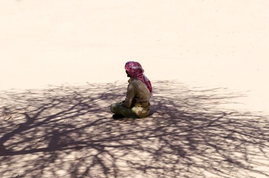 bedouin sits and prays in the sand in the shade of a tree in the desert