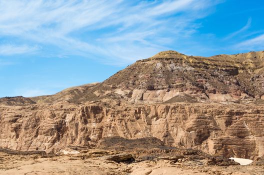 high rocky mountains in the desert against the blue sky and white clouds in Egypt Dahab