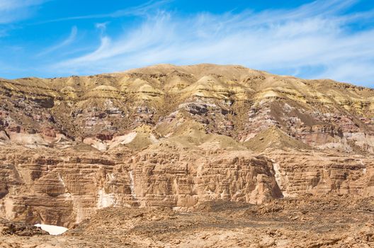 high rocky mountains in the desert against the blue sky and white clouds in Egypt Dahab