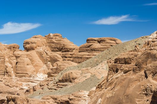high rocky mountains in the desert against the blue sky and white clouds in Egypt Dahab
