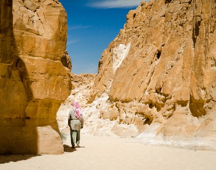 Bedouin walks among the rocks in a desert canyon in Egypt Dahab