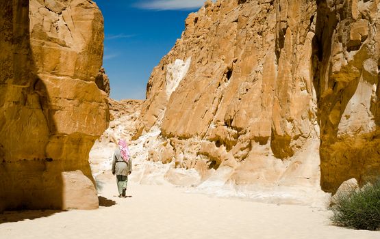 Bedouin walks among the rocks in a desert canyon in Egypt Dahab