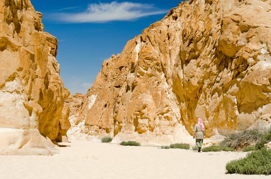 Bedouin walks among the rocks in a desert canyon in Egypt Dahab