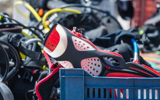 diving equipment in a crate on the beach in Egypt