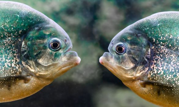 two piranhas are next to each other in the water close up