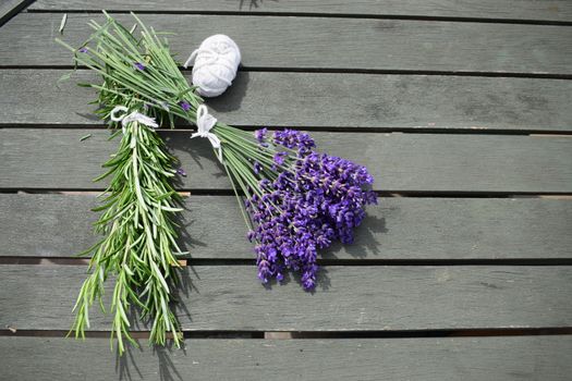 Lavender and Rosemary picked and tied with string.