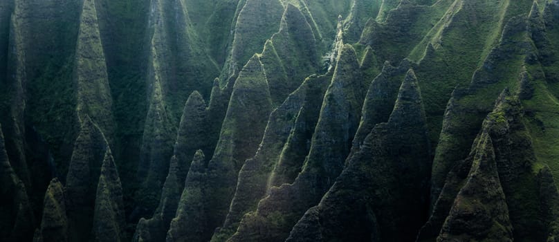 Abrupt mountain peaks near Waialeale volcano, Hawaii