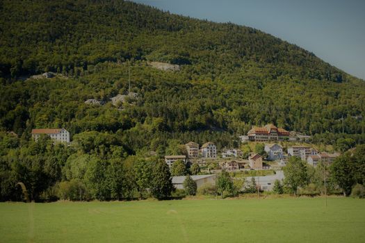 forest and mountain setting on french swiss borders