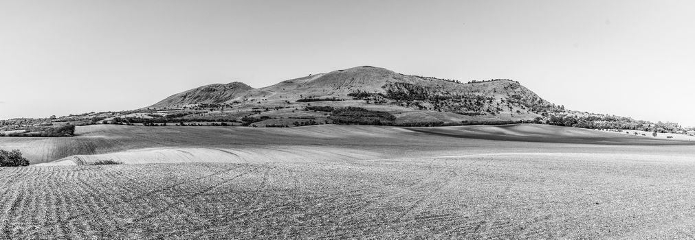 Rana Mountain near Louny in Central Bohemian Highlands on sunny summer day, Czech Republic. Panoramic view. Black and white image.