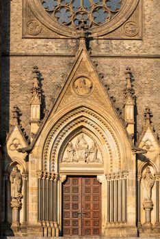 Main gate and portal of Church of St. Ludmila at the Peace Square, aka Namesti Miru, in Prague, Czech Republic.