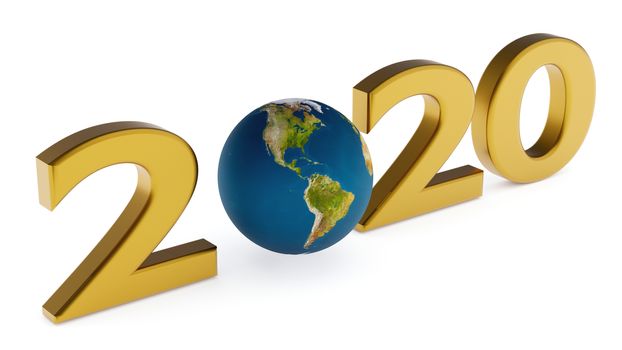 Yearr 2020 and globe america - new year concept 3d illustration over white