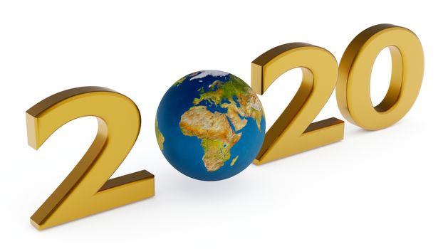 Yearr 2020 and globe africa, europe - new year concept 3d illustration over white