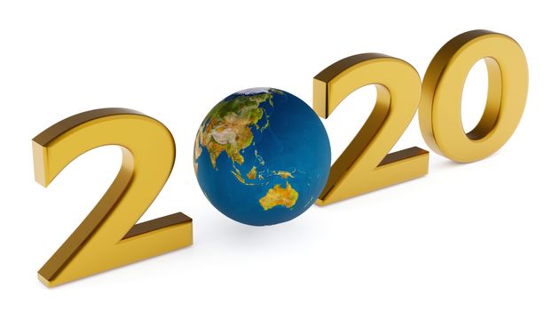 Yearr 2020 and globe australia, asia - new year concept 3d illustration over white