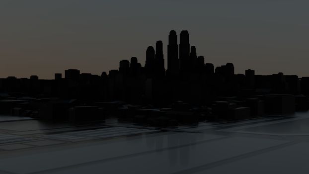 Abstract Modern Night 3D City on Technology Surface. Futuristic Background, Sunrise Sky. 3D Illustration