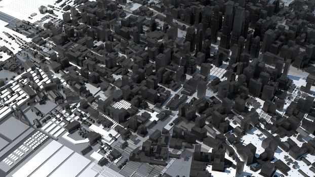 Futuristic 3D City, Aerial View. White Surface and Black Buildings. 3D Illustration