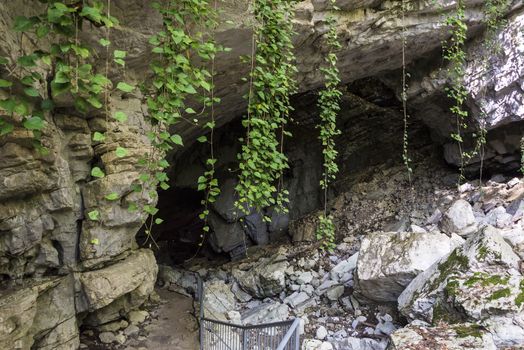 The entrance to the Vorontsov cave near the city of Sochi, Russia. Clear day October 24, 2019.