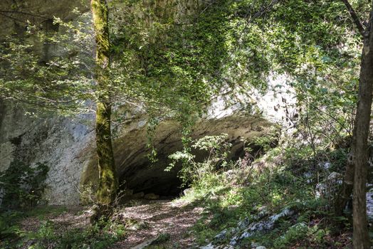 The entrance to the Vorontsov cave near the city of Sochi, Russia. Clear day October 24, 2019.