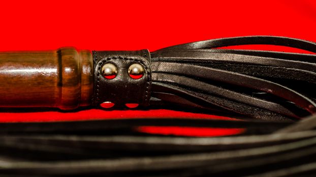 bdsm attribute black leather lash on a red background close-up
