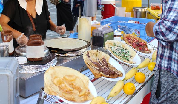 Delicious tasty street food on a grill at San Francisco, USA.Traditional food.