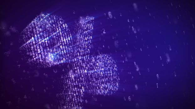 A striking 3d illustration of a per cent sign flying around with a matrix effect in the dark blue background. It is made of shining spots, while dazzling digits spin  around.