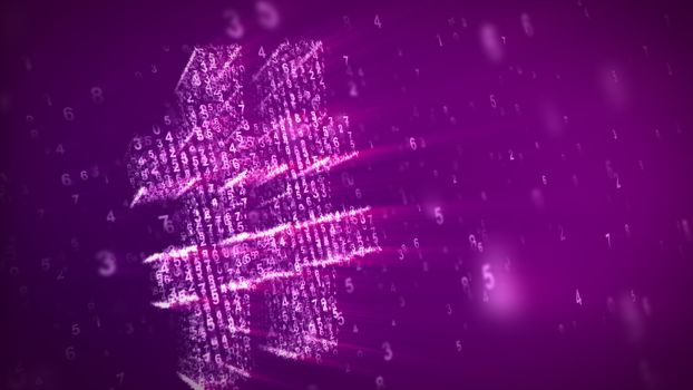 3d illustration of the number sign looking like a grate soaring with a matrix effect in the violet background. It is composed of three parallel surfaces with tiny digits sparkling brightly.