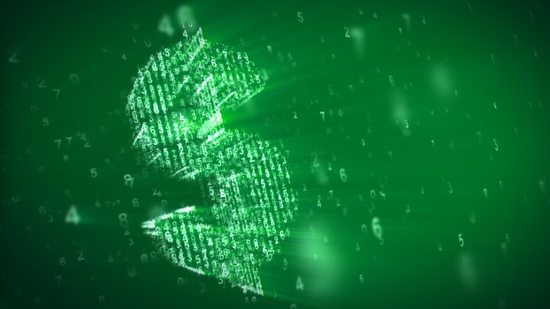 An inspiring 3d illustration of the dollar symbol spinning around with a matrix effect in the light green background. It is made of shining dots, while small numbers fly cheery around.