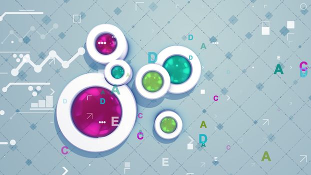 A futuristic 3d illustration of an abstract backdrop covered with colorful cylinders, impressive graphs from zigzag lines, a network from equal squares and other tiny and funny figures.