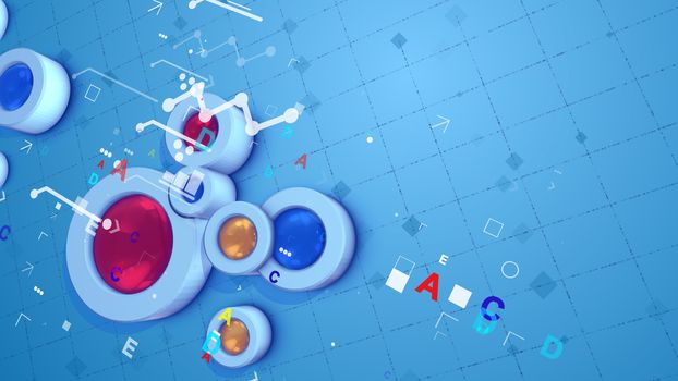 A sci-fi 3d illustration of an abstract background full of multicolored cylinders, bright diagrams from zigzag stripes, arrows, letters, a grate of equal squares and other small and childish signs.
