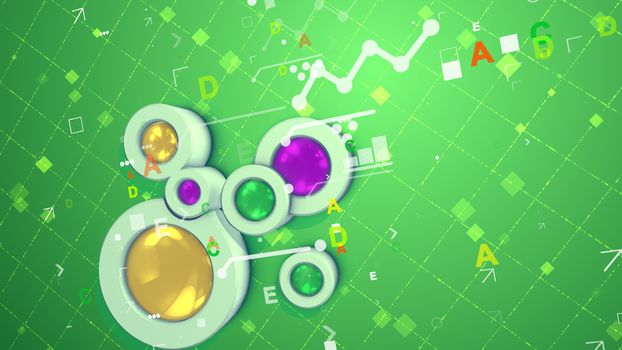 An artistic 3d illustration of a light green background with yellow cylinders, bright bar charts from crisscross stripes and rectangles, cubes, letters, a grid and tiny and bright spots.