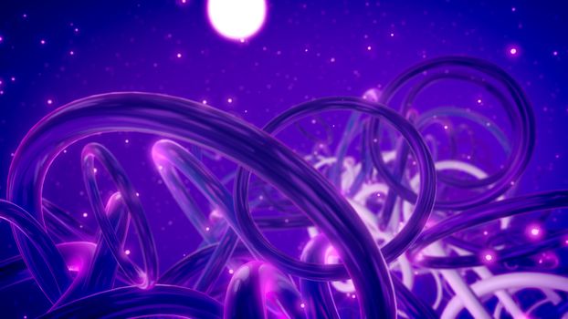 A futuristic 3d illustration of interwoven rings resembling some mysterious time portal between some space systems in an endless violet universe with many glittering stars and nebulas.