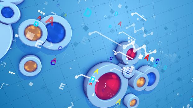 An amazing 3d illustration of a celeste background with diamond looking cylinders, placed diagonally bar charts and zigzag lines and letters, as well as a grid with equal squares and rectangles.