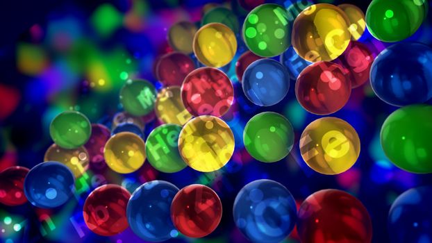 An amazing 3d illustration of transparent colorful balls with the symbols of chemical elements placed nearby soaring in the dark blue background in a jolly way.