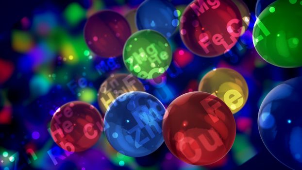 A cheery 3d illustration of see-through colorful balls with the signs of chemical elements shining brightly nearby and flying around in a jovial way in the black background.