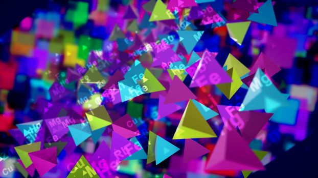 A striking 3d illustration of shining colorful pyramids with the symbols of chemical elements moving and flying in the black background. They create the mood of cheerfulness, optimism and fest.