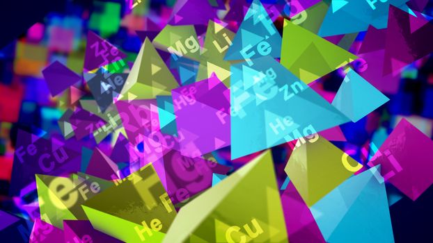3d illustration of shining colorful pyramids with the signs of chemical elements spinning around in the black background. They generate the spirit of cheerfulness and scientific fun and inspiration.