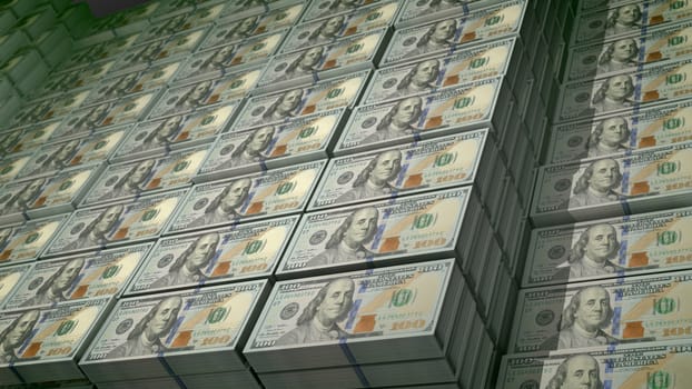 An inspiring 3d illustration of 100 dollar bills stockpiled in bundles in a big bank depository. On the observe of the world known bills there are images of Founding Father Benjamin Franklin.