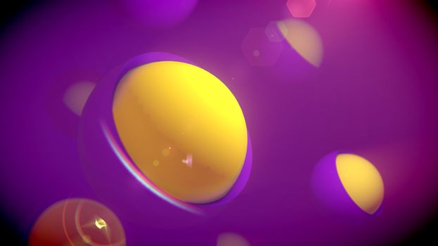 A splendid 3d illustration of nested camera objects of yellow and violet colors placed in a large sphere with splits in the violet background. They create the mood of joy, optimism and innovation.